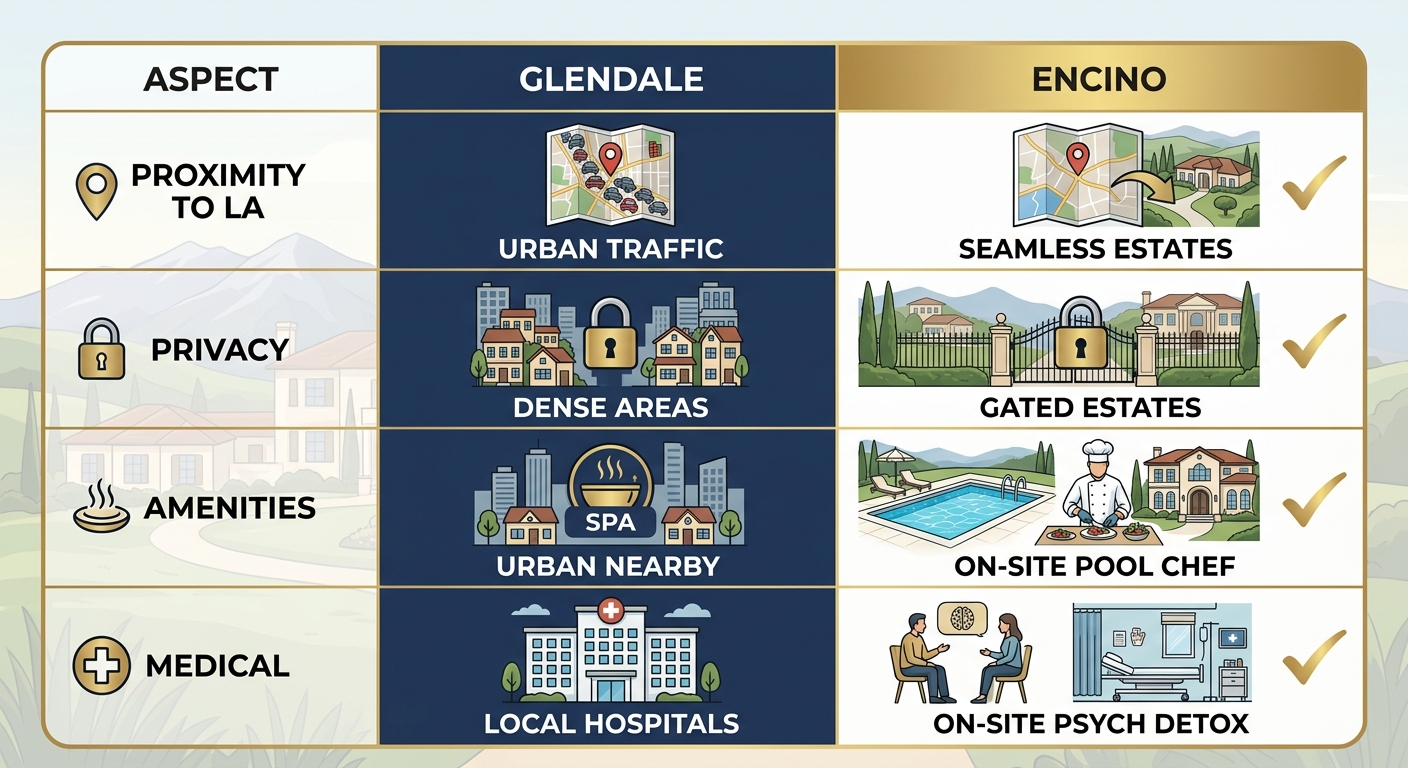 Infographic comparison matrix of Glendale versus Encino luxury rehab access, highlighting Altus Rehab advantages in proximity, privacy, amenities, and medical care