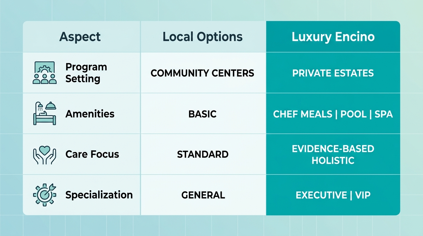 Infographic comparing Glendale local rehab options to luxury Encino facilities across key aspects