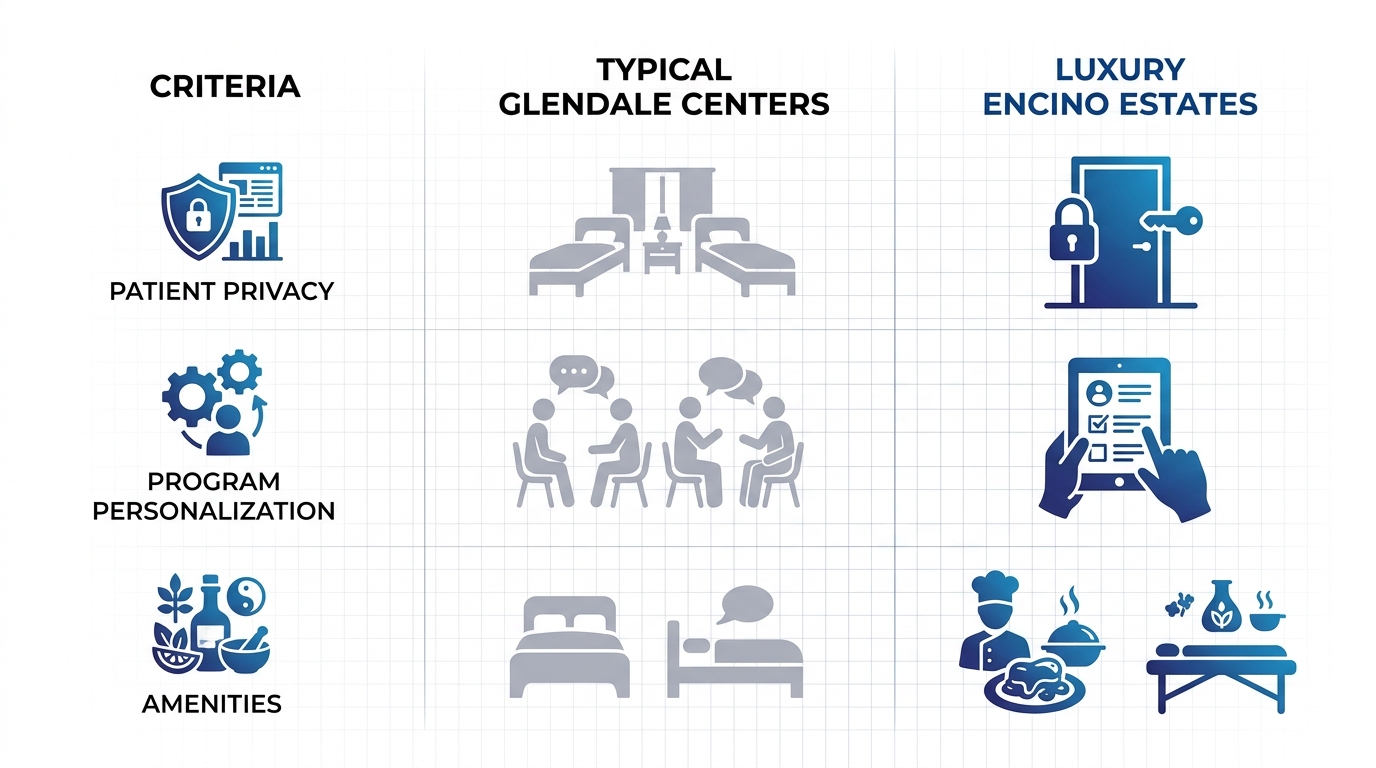Three-column infographic contrasting typical Glendale rehab centers with luxury Encino estates on privacy, personalization, and amenities.