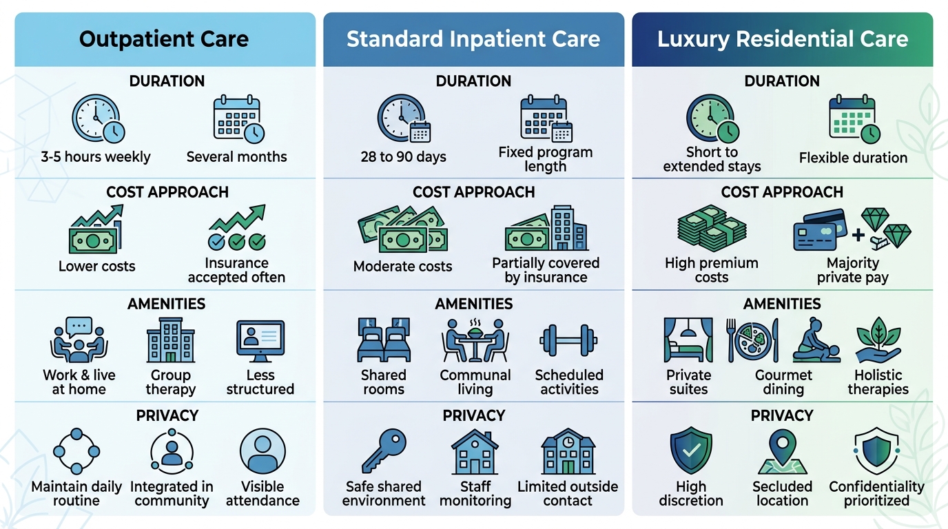 Infographic comparing outpatient, standard inpatient, and luxury residential addiction treatment levels near Burbank