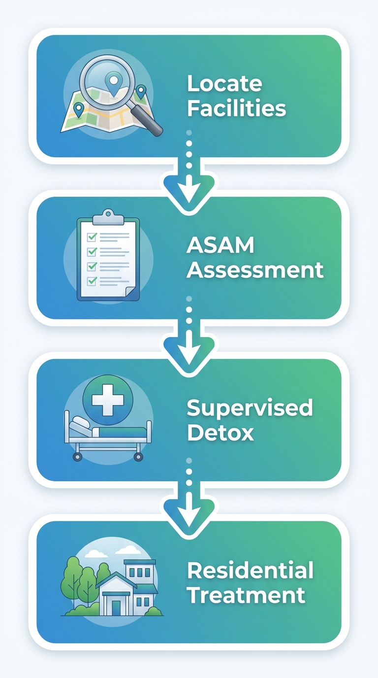 Vertical process flow diagram with four steps for initiating recovery: locate facilities, ASAM assessment, supervised detox, and residential treatment enrollment