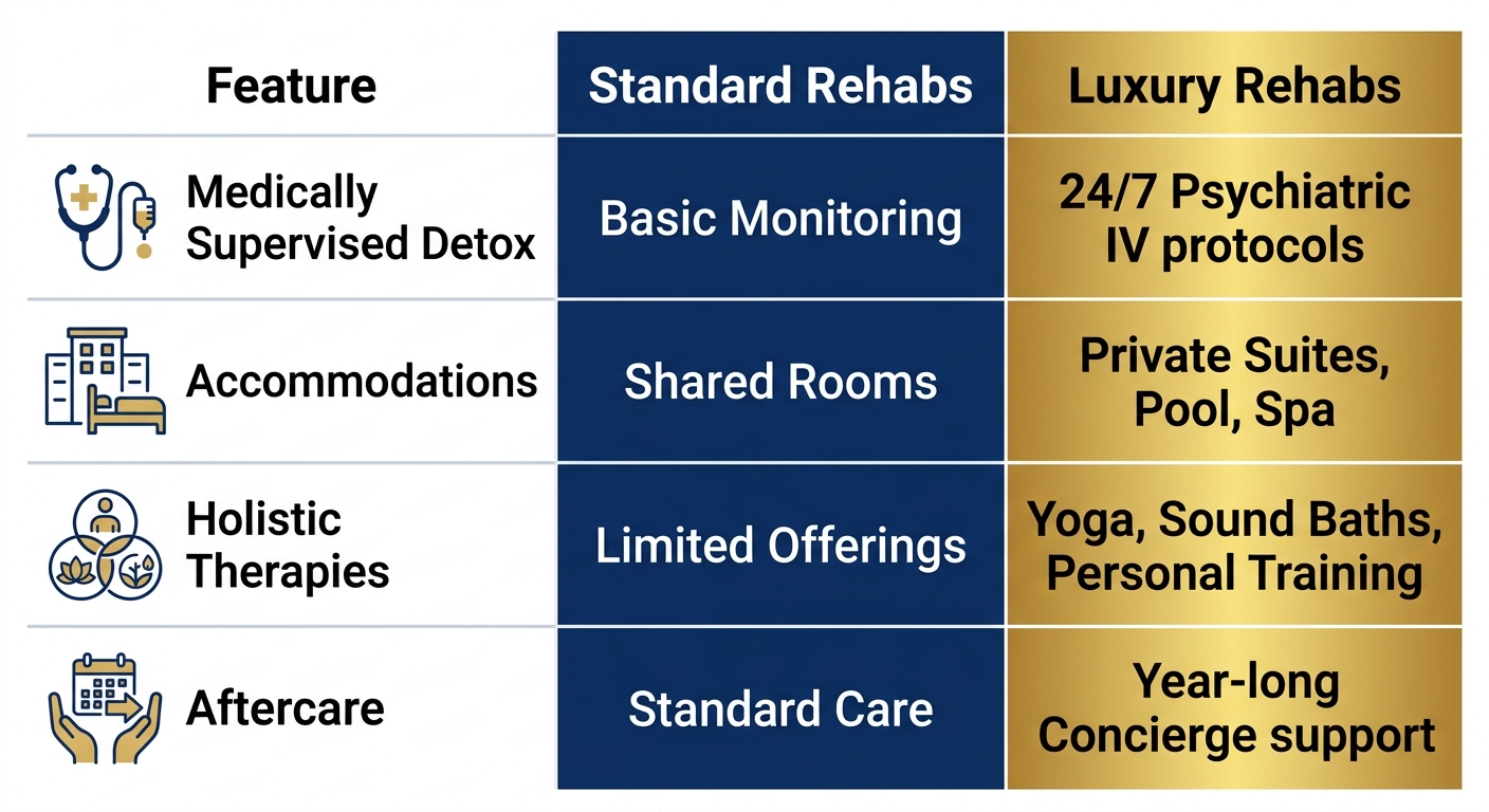 Infographic comparison table of standard versus luxury rehab features in Burbank, California, covering detox, accommodations, therapies, and aftercare with icons.