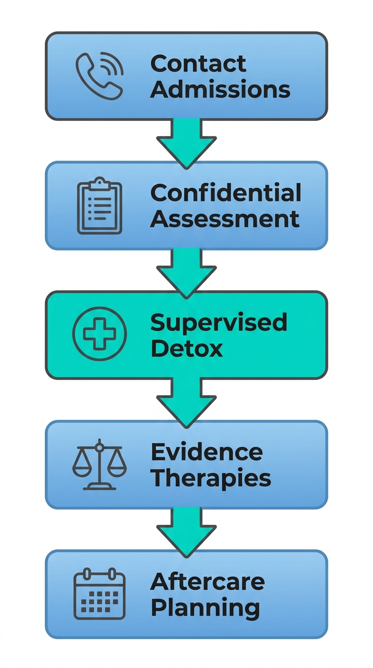 Vertical process flow diagram illustrating five key steps to begin drug rehab: contact admissions, assessment and insurance verification, medically supervised detox, integration into therapies, and aftercare planning.
