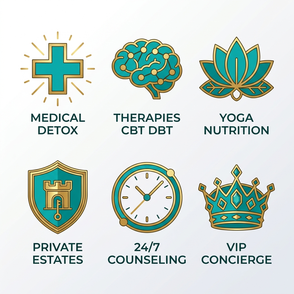 Square grid of six outline icons representing luxury rehab services: medical detox, therapies, holistic modalities, private estates, 24/7 counseling, and VIP concierge programs.