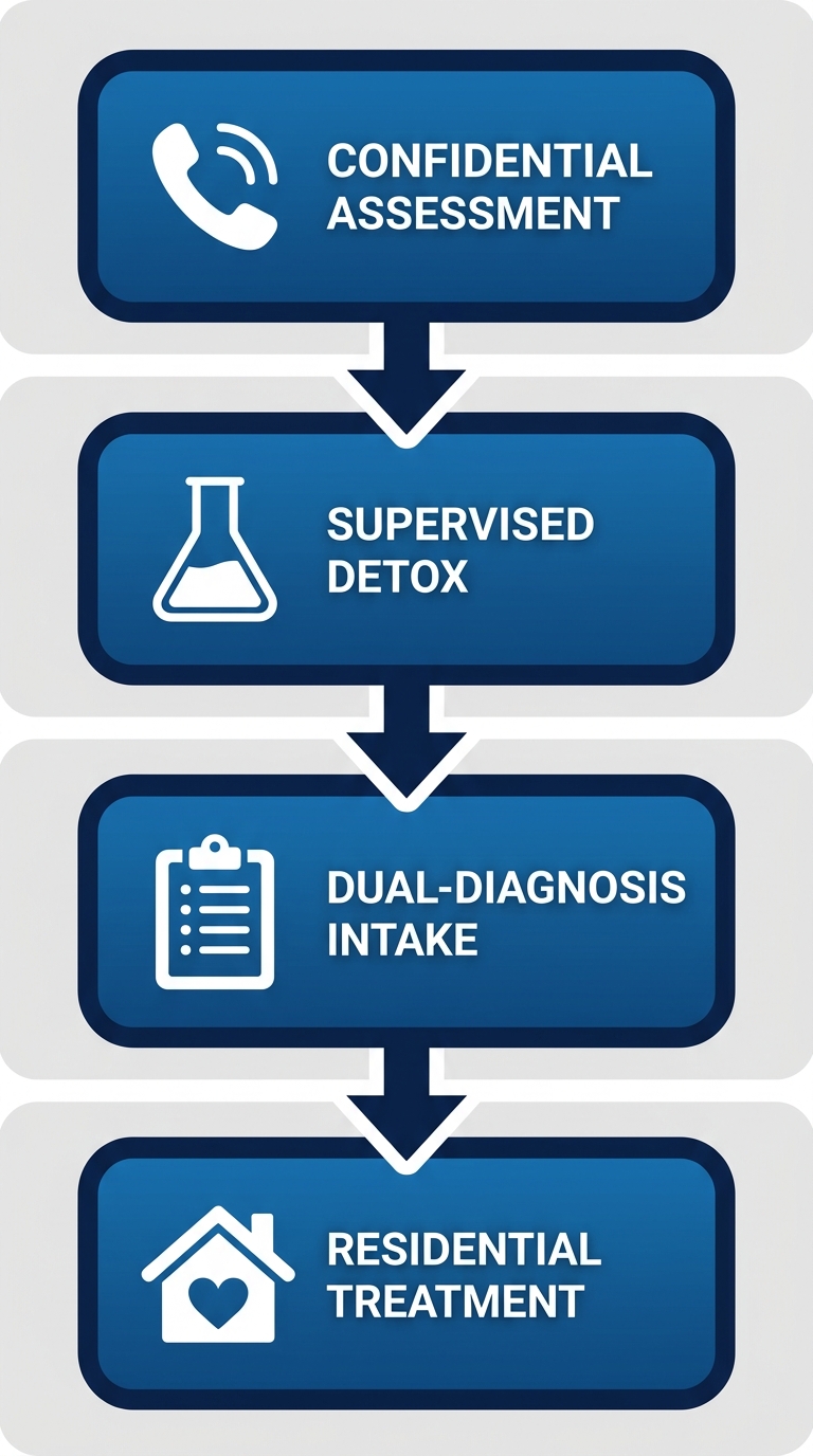 Vertical process flow illustrating four steps to begin luxury drug rehab: confidential assessment, supervised detox, dual-diagnosis intake, and residential treatment with holistic modalities