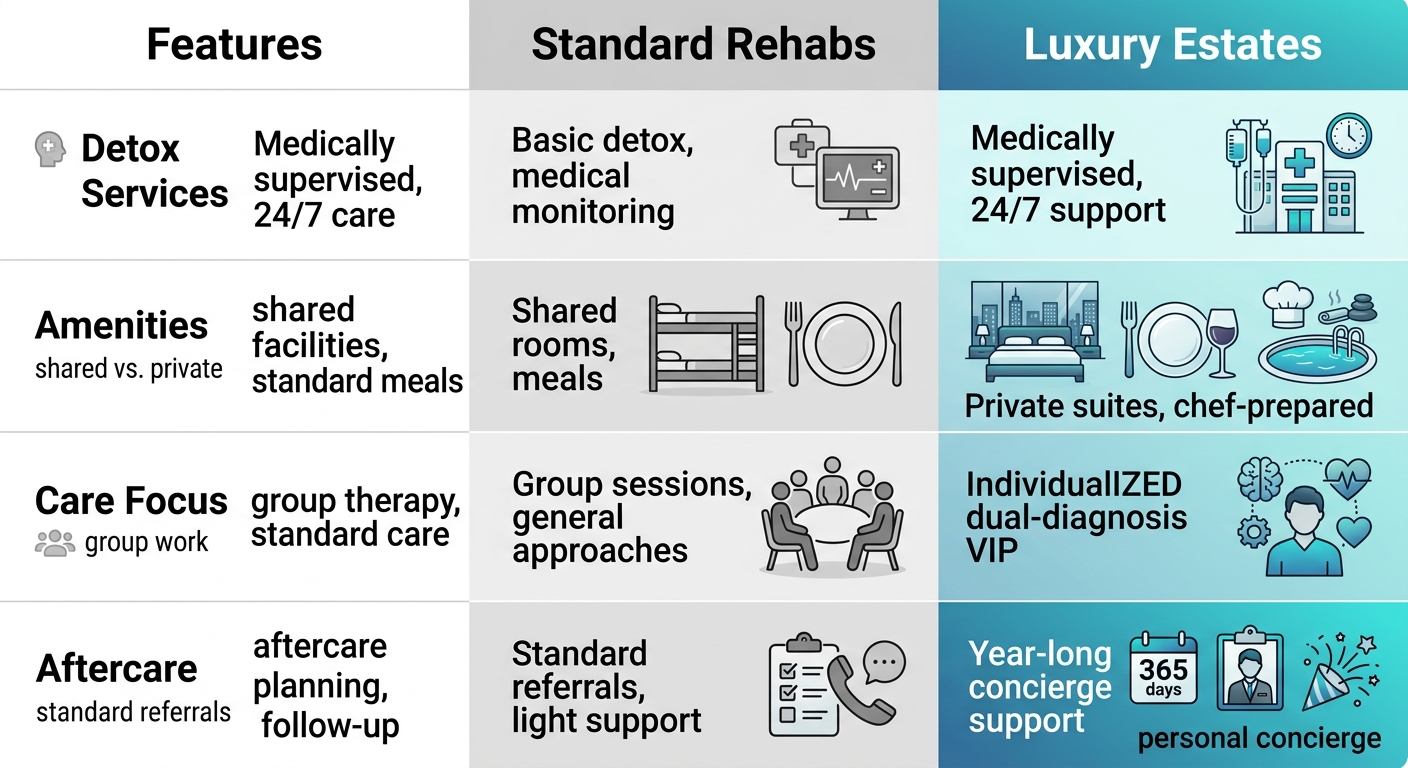 Infographic comparing standard Malibu rehab features to luxury Encino estates across detox, amenities, care focus, and aftercare.