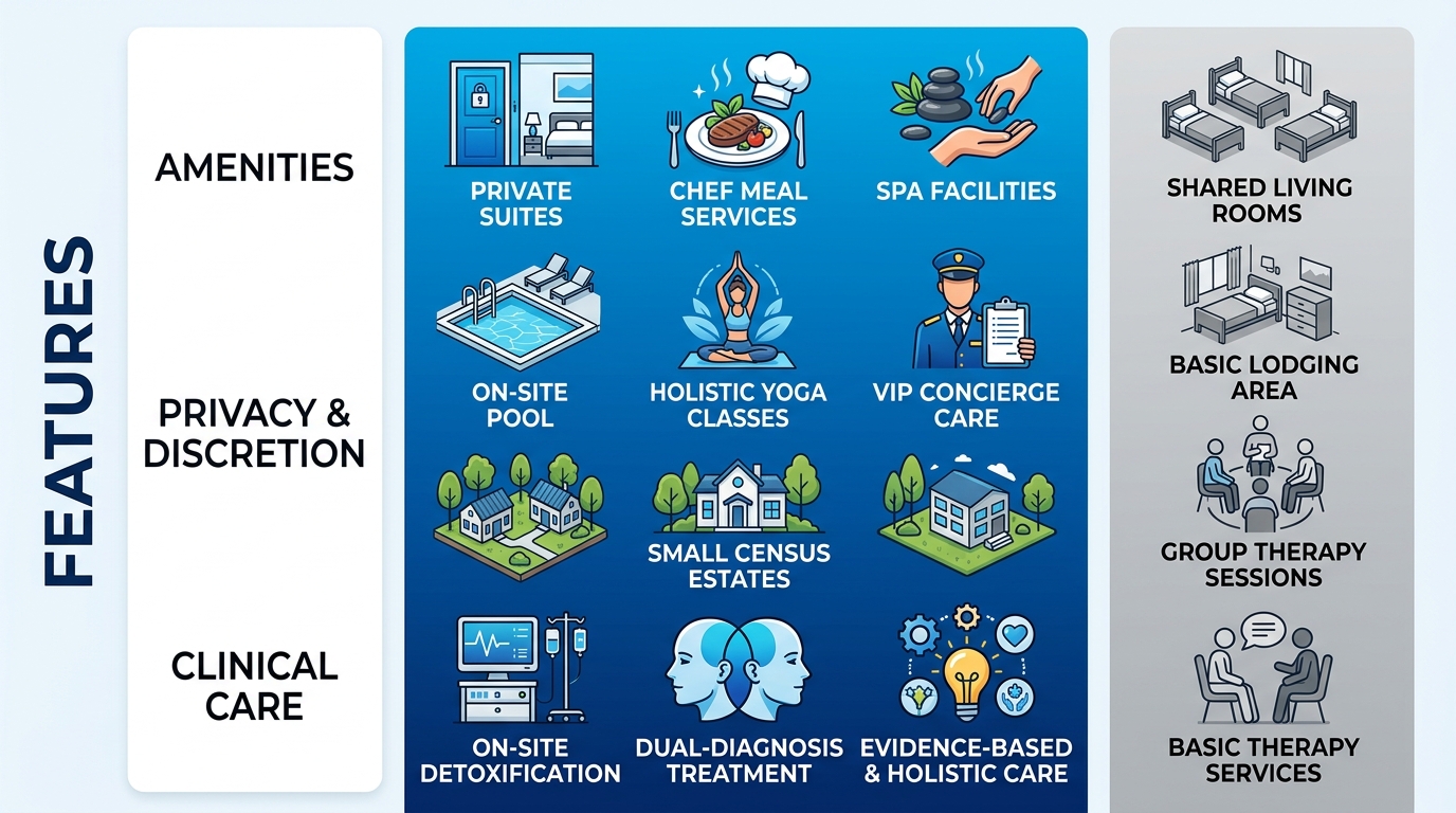 Infographic comparing luxury rehab features like private suites and holistic care against standard rehabs with basic amenities, emphasizing privacy and clinical excellence.