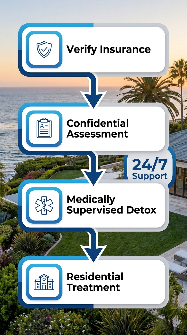 Vertical process flow showing four steps to start recovery: verify insurance with shield, confidential assessment with clipboard, medically supervised detox with medical icon, residential treatment with estate icon, serene luxury background