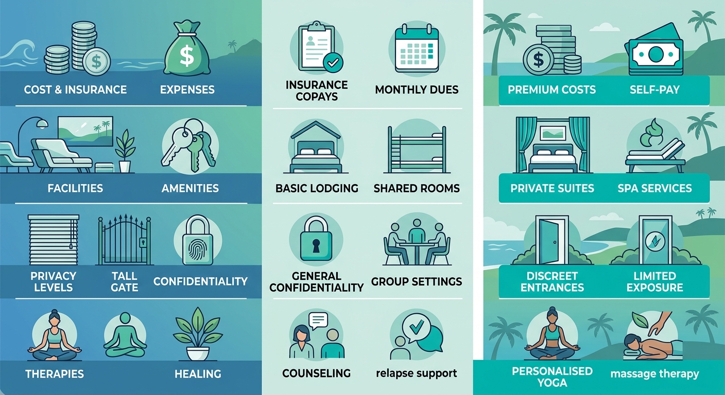 Infographic comparing standard versus luxury substance abuse treatment features in Malibu: cost, amenities, privacy, and holistic care.