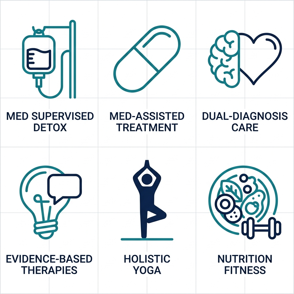 Grid of 6 icons showing premium drug treatment services: detox, MAT, dual diagnosis, therapies, yoga, nutrition fitness