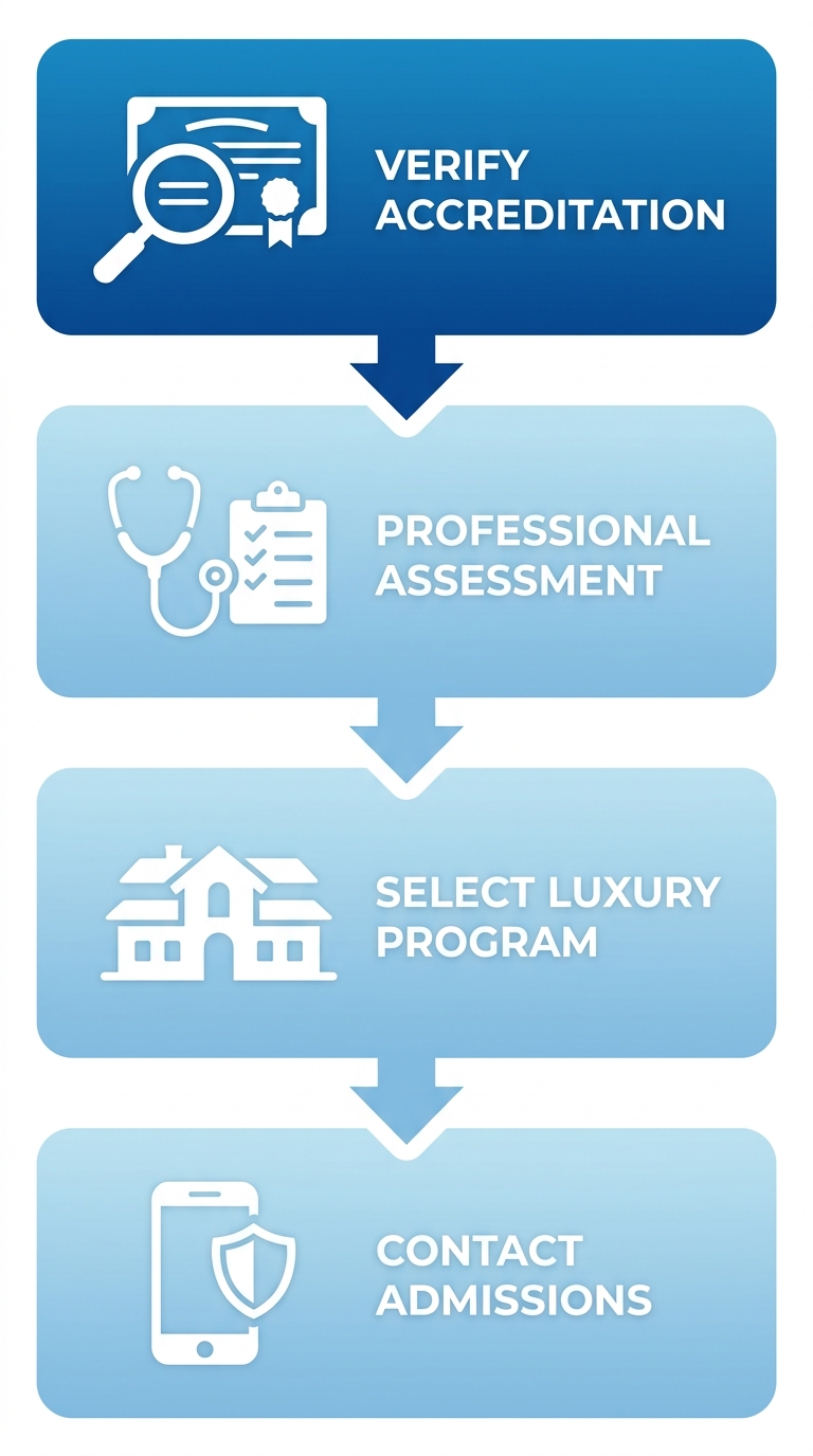 Vertical process flow diagram of 4 steps to start luxury drug treatment: verify accreditation, assessment, select program, contact admissions