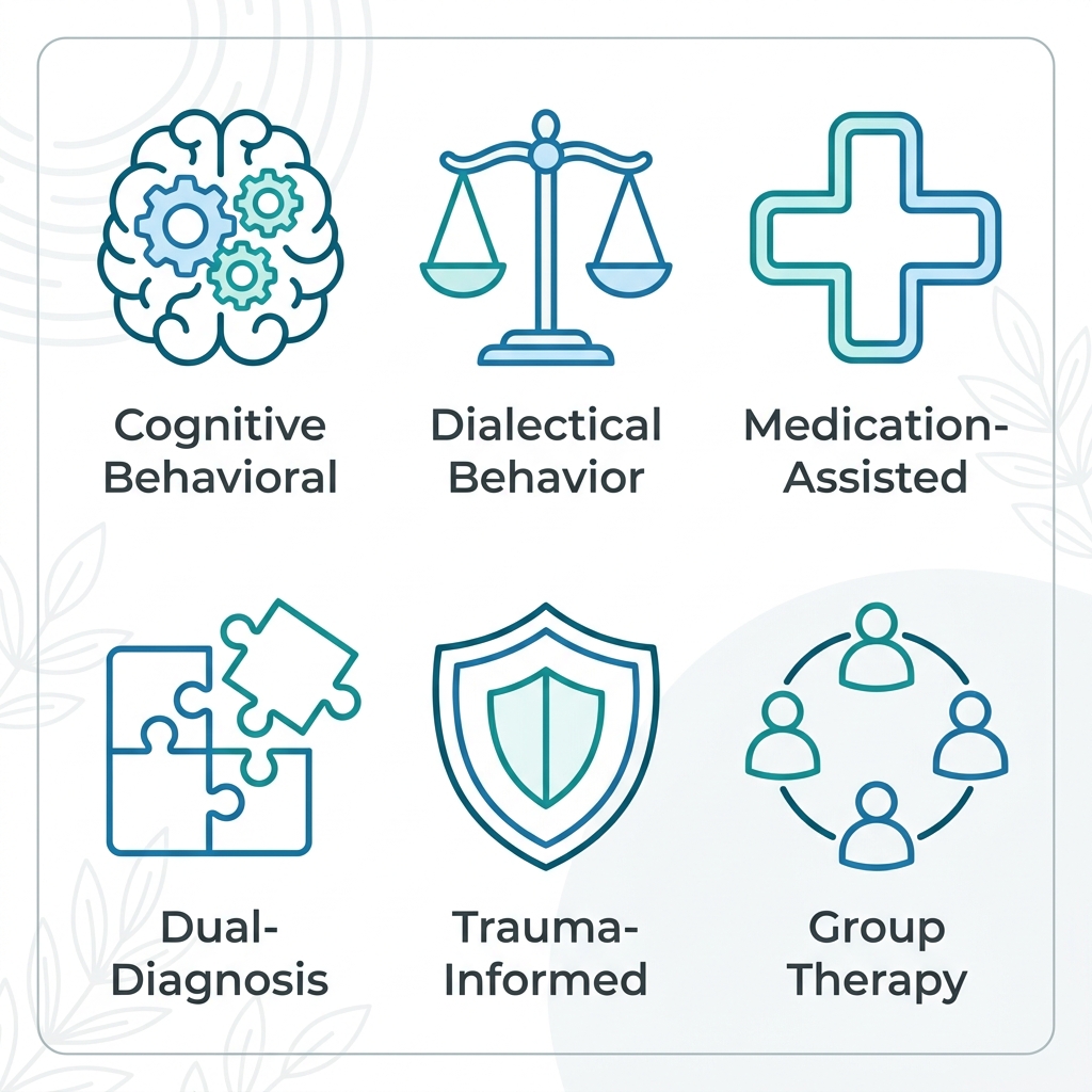 Icon grid showcasing six evidence-based therapies in luxury rehab
