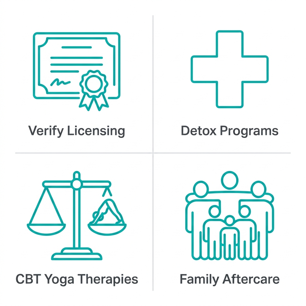 2x2 grid of outline icons for drug treatment considerations: licensing certificate, detox medical cross, therapy scales, family group in teal on white background