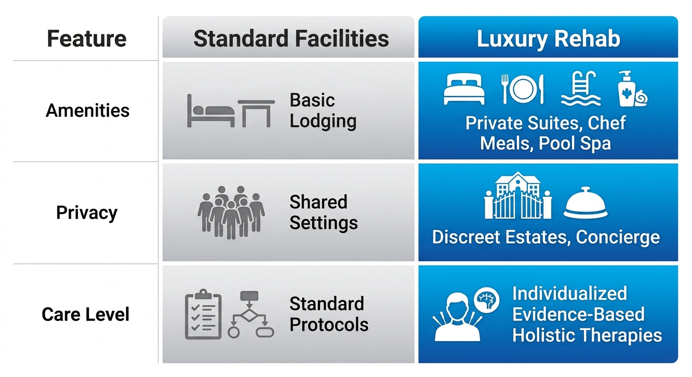 Infographic comparing standard addiction treatment facilities and luxury residential rehab features in Santa Clarita area