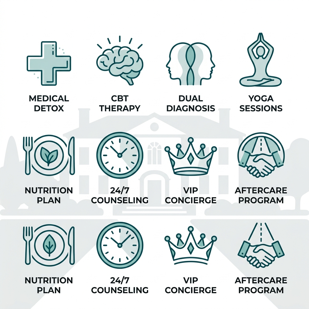 Grid of 8 outline icons representing luxury rehab services: detox, CBT, dual-diagnosis, yoga, nutrition, counseling, concierge, aftercare.
