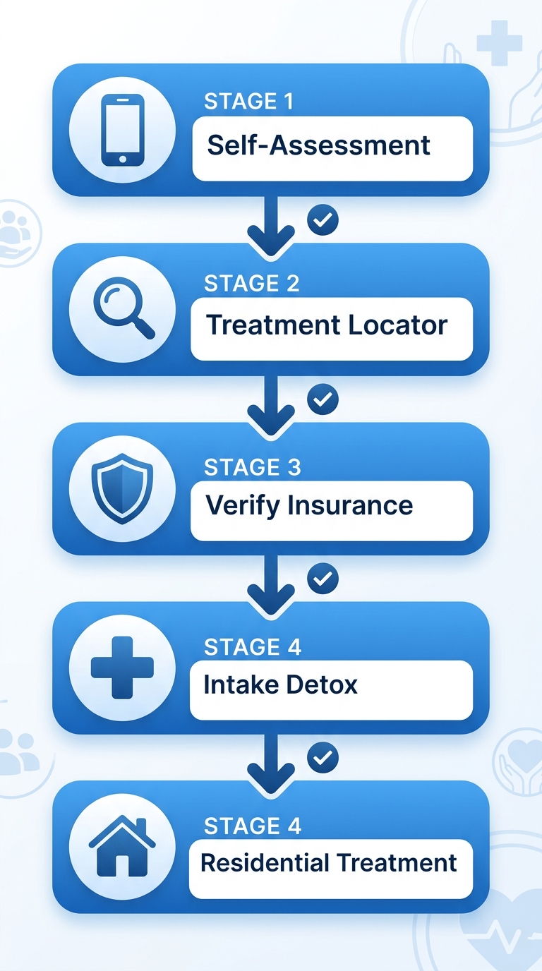 Vertical process flow diagram with 5 steps to begin drug rehab in Santa Clarita: self-assessment, treatment locator, insurance verification, intake detox, residential treatment
