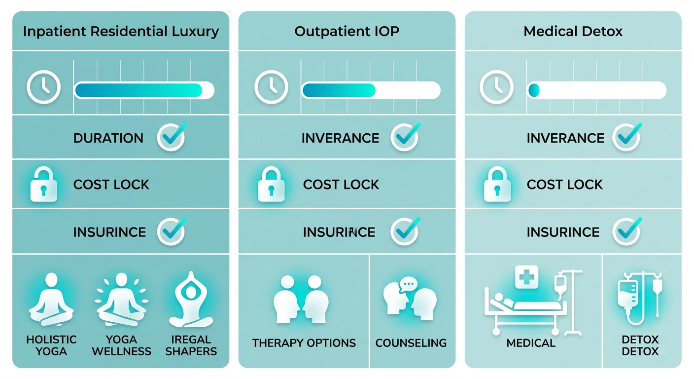 Infographic comparing inpatient residential luxury rehab, outpatient IOP, and medical detox programs near Santa Clarita with duration, cost, modalities, insurance features