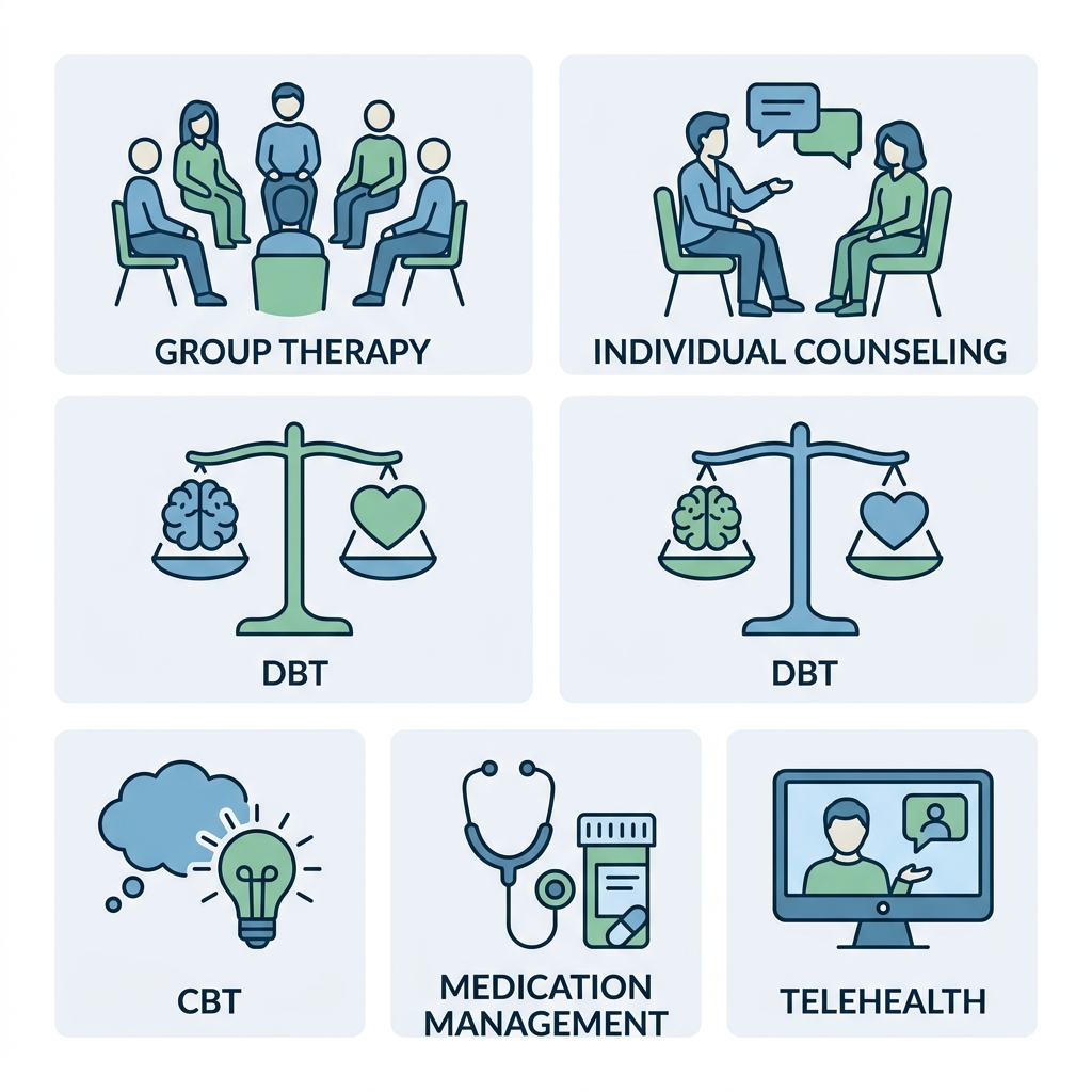 Square 2x3 grid of flat outline icons for IOP mental health: group therapy, individual counseling, DBT, CBT, medication management, telehealth.