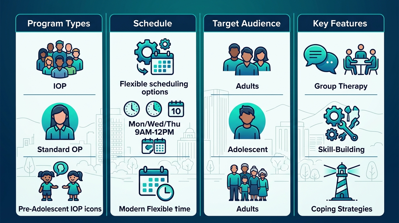 Infographic comparing outpatient mental health programs in Boise: types, schedules, audiences, features
