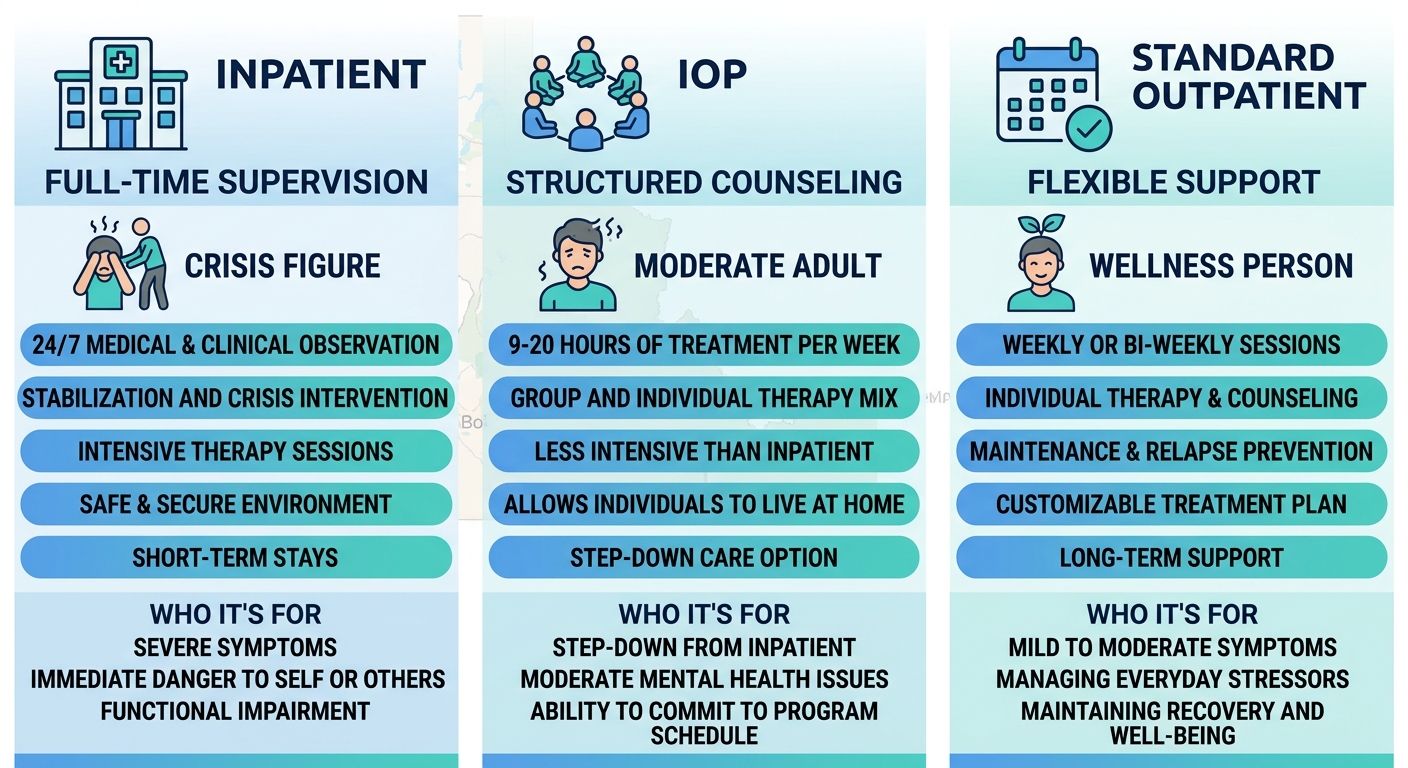 Infographic showing Boise mental health care levels: inpatient, intensive outpatient (IOP), and standard outpatient with icons and candidate descriptions