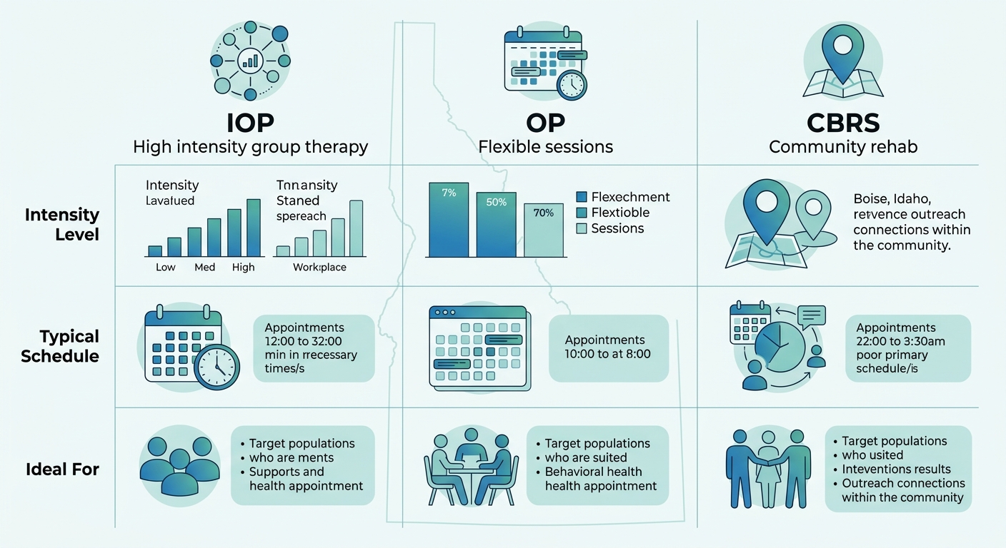 Infographic comparing IOP, OP, and CBRS behavioral health programs by intensity, schedule, and ideal clients in Boise, Idaho