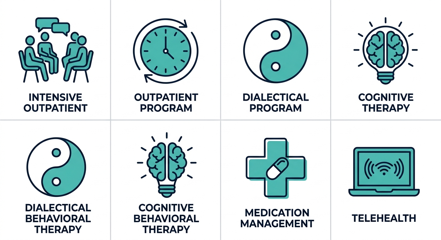 Square grid of six behavioral health service icons: intensive outpatient program, outpatient program, dialectical behavioral therapy, cognitive behavioral therapy, medication management, telehealth in flat outline style.