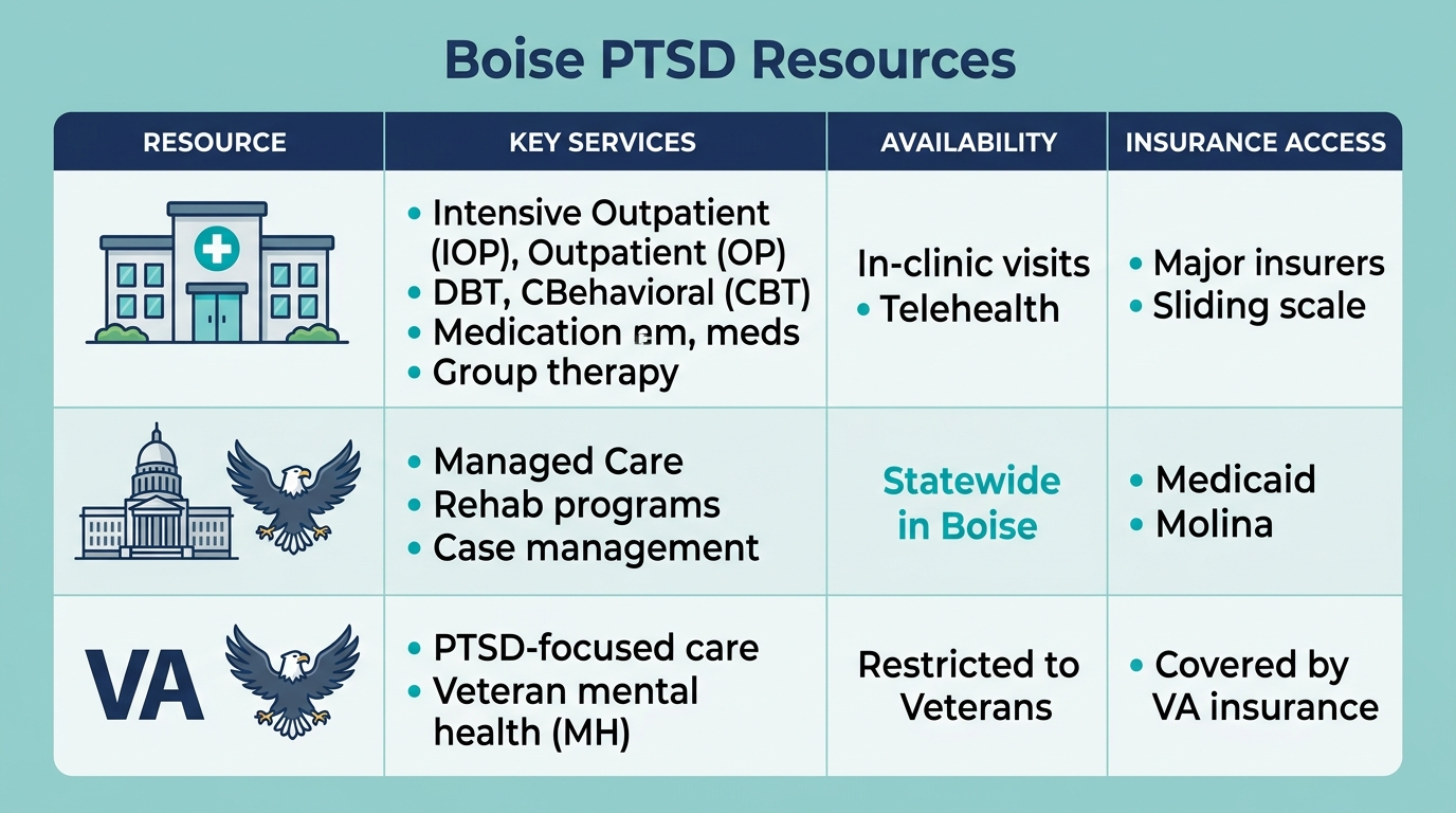 Infographic table comparing PTSD mental health resources in Boise area: local clinics, state services, VA options with services, availability, and insurance details.