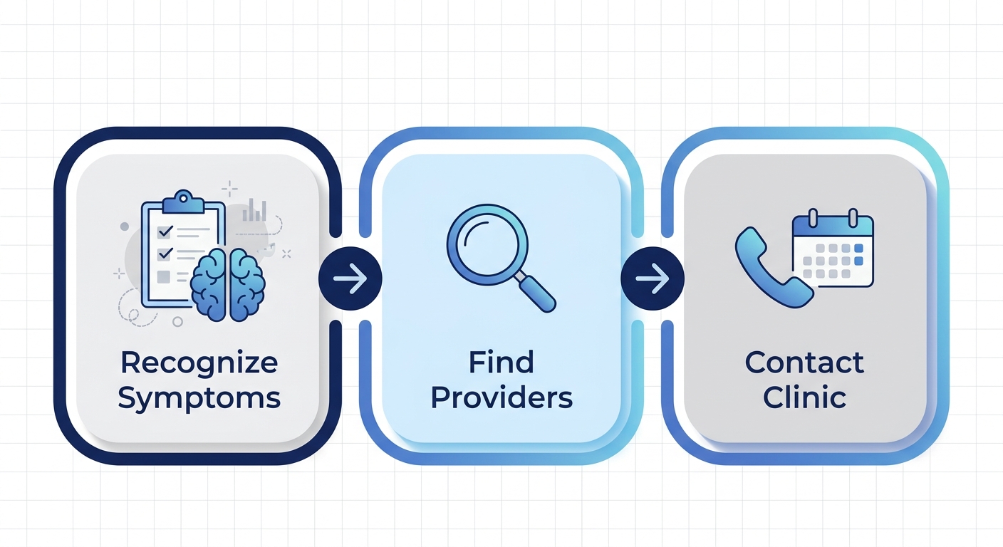 Horizontal 3-step process flow for starting PTSD treatment: recognize symptoms, find providers via locators, contact clinic for assessment.