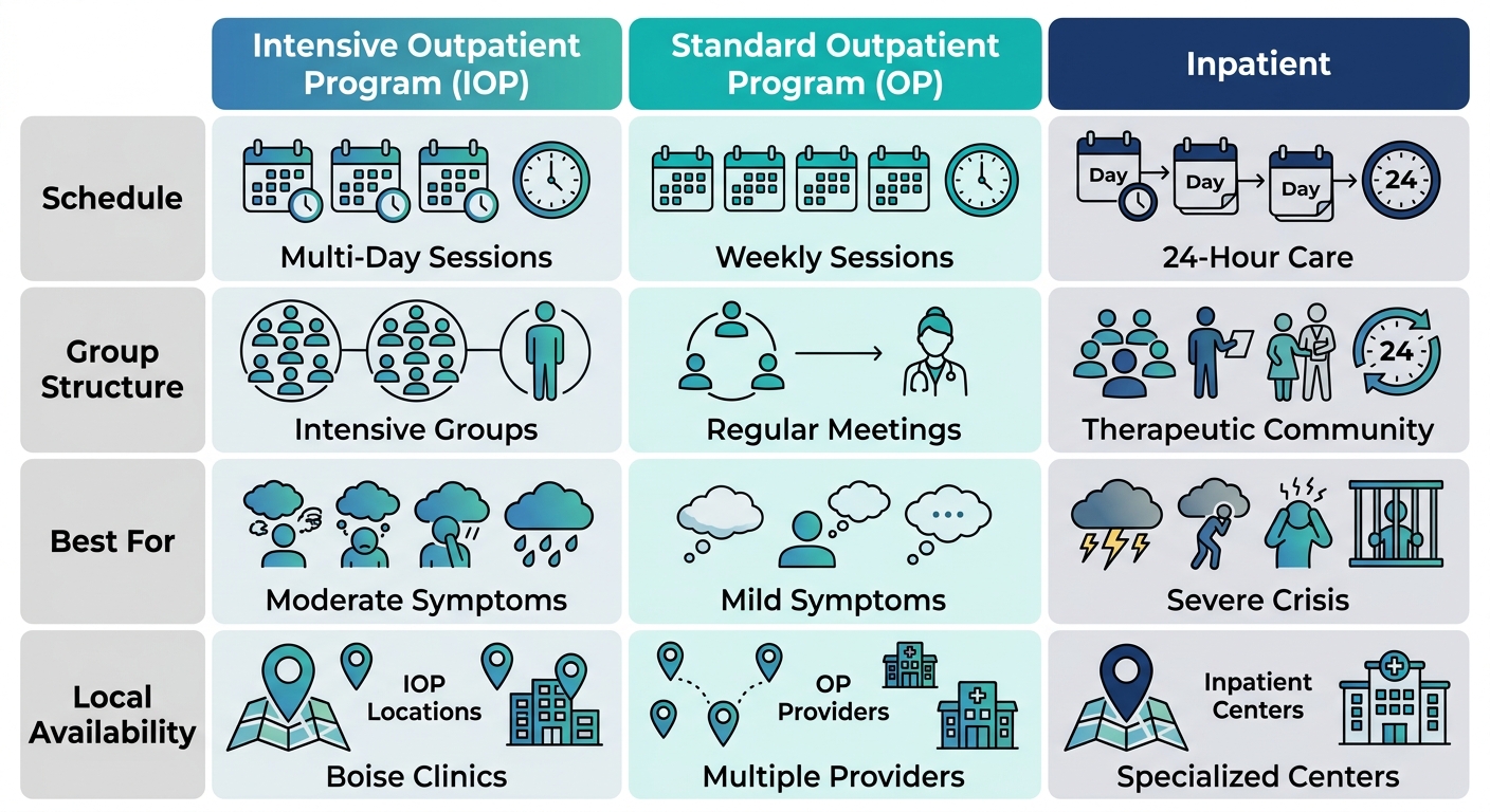 Infographic matrix comparing IOP, OP, and inpatient depression treatment options in Boise, Idaho, with icons for schedule, group structure, best for, and local availability.