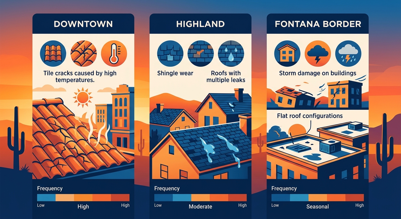 Infographic illustrating common roof issues in San Bernardino neighborhoods