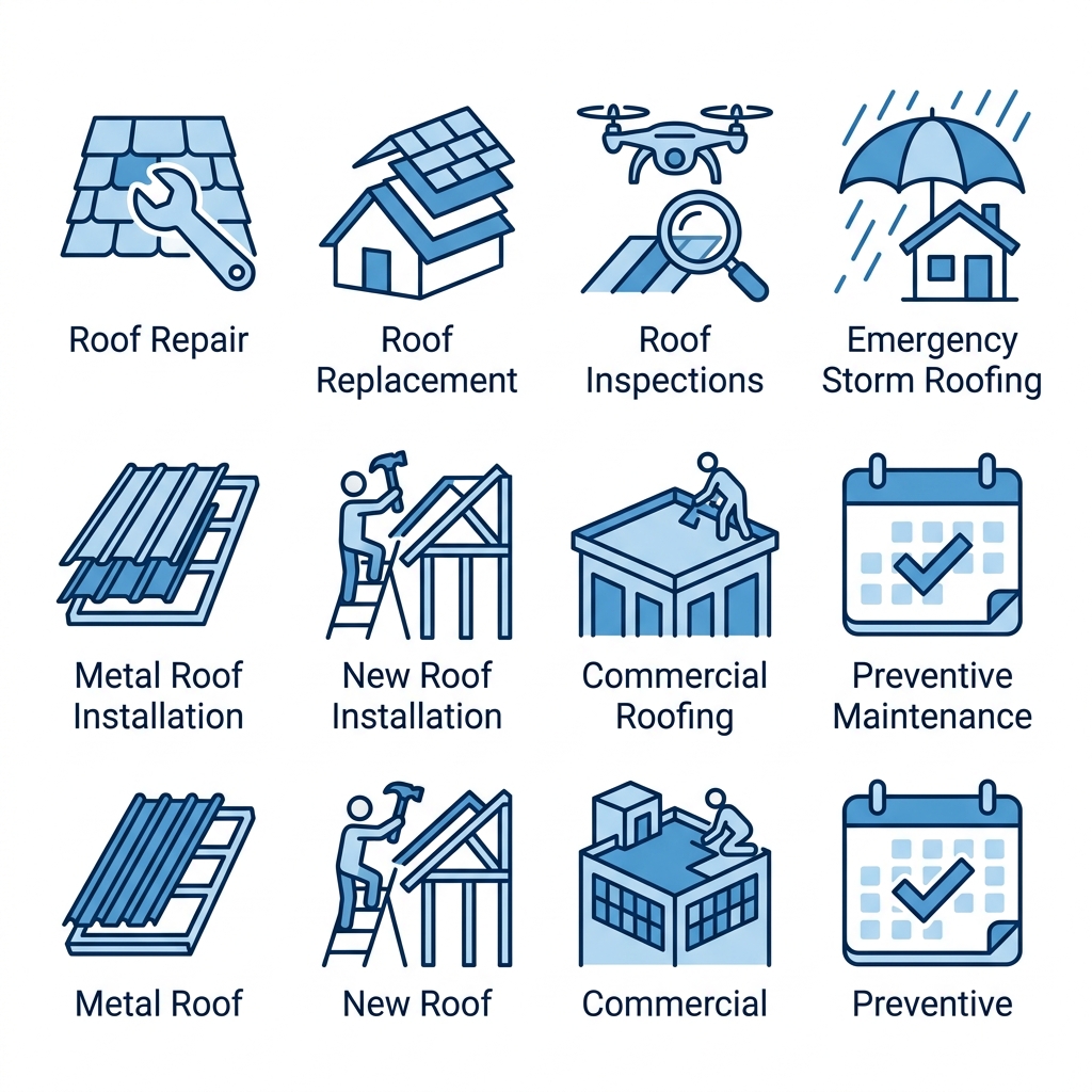 Grid of 8 outline icons depicting various roofing services like repair, replacement, inspections, and maintenance