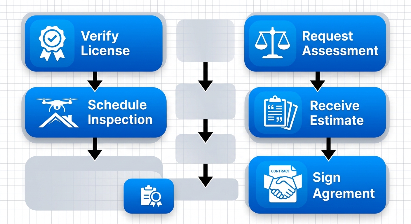 Vertical process flow diagram illustrating 5 steps to get started with a roofer: verify license, request assessment, schedule inspection, receive estimate, sign agreement.