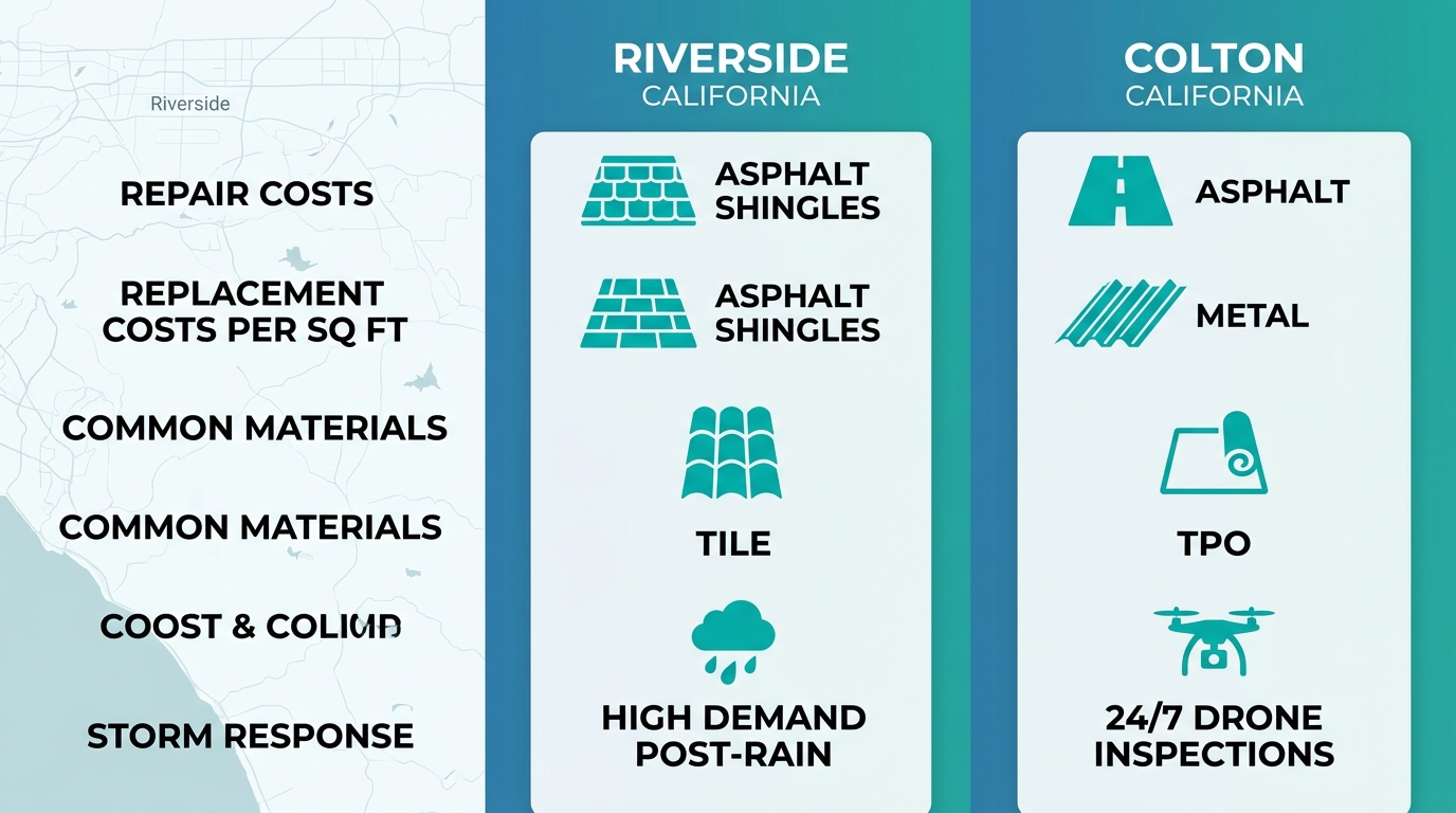 Three-column infographic comparing Riverside and Colton California roofing aspects, materials, and services with icons.