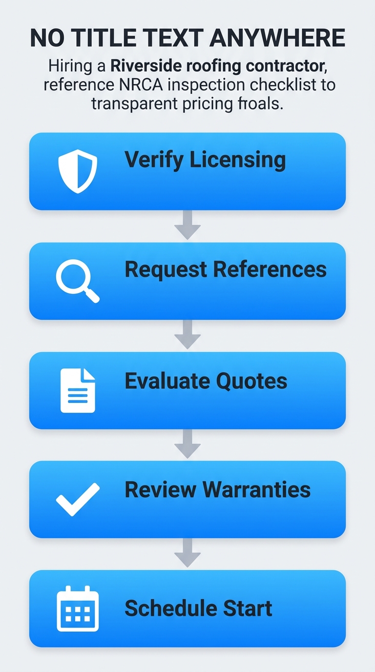 Vertical process flow diagram illustrating 5 steps to hire a Riverside roofing contractor: verify licensing, request references, evaluate quotes, review warranties, schedule start.