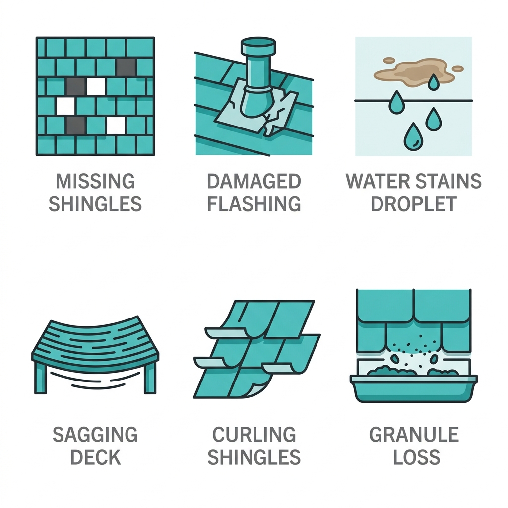 Grid of six outline icons depicting common emergency roof damage signs: missing shingles, damaged flashing, water stains, sagging deck, curling shingles, granule loss.