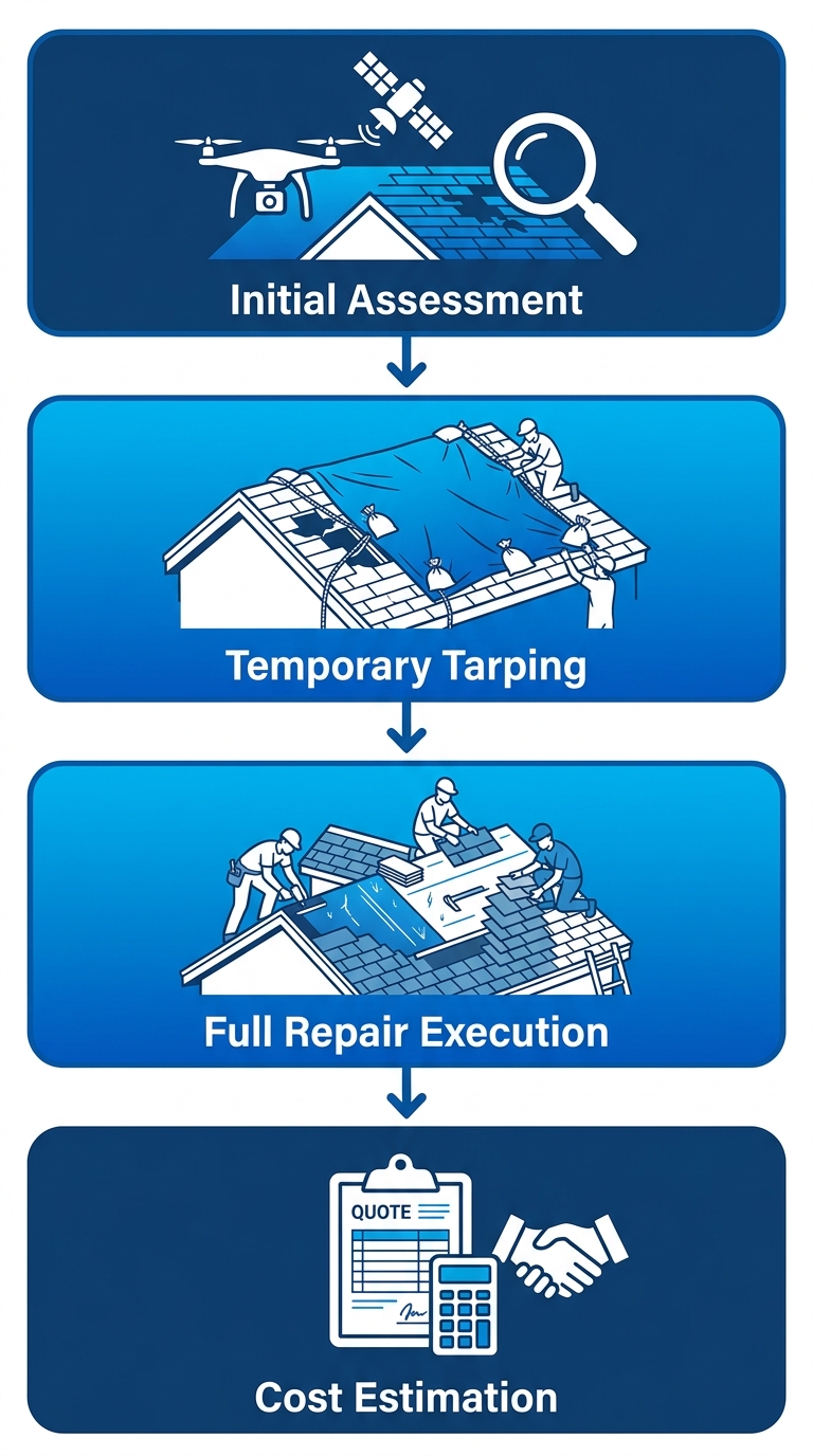 Vertical process flow diagram of four emergency roof repair stages: initial assessment, temporary tarping, full repair execution, and cost estimation for roofing services.