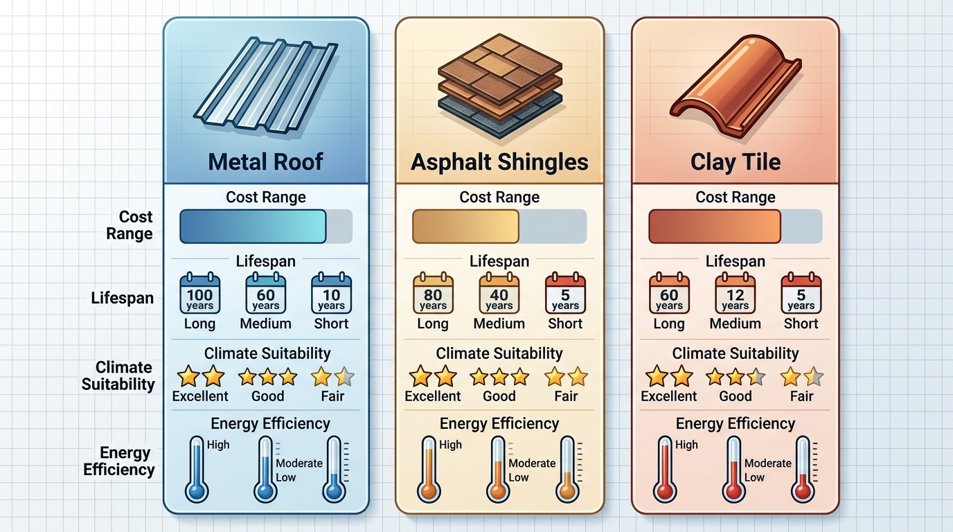 Infographic comparing Metal Roof, Asphalt Shingles, and Clay Tile in Colton, CA across cost, lifespan, climate suitability, and energy efficiency with icons and visual indicators.