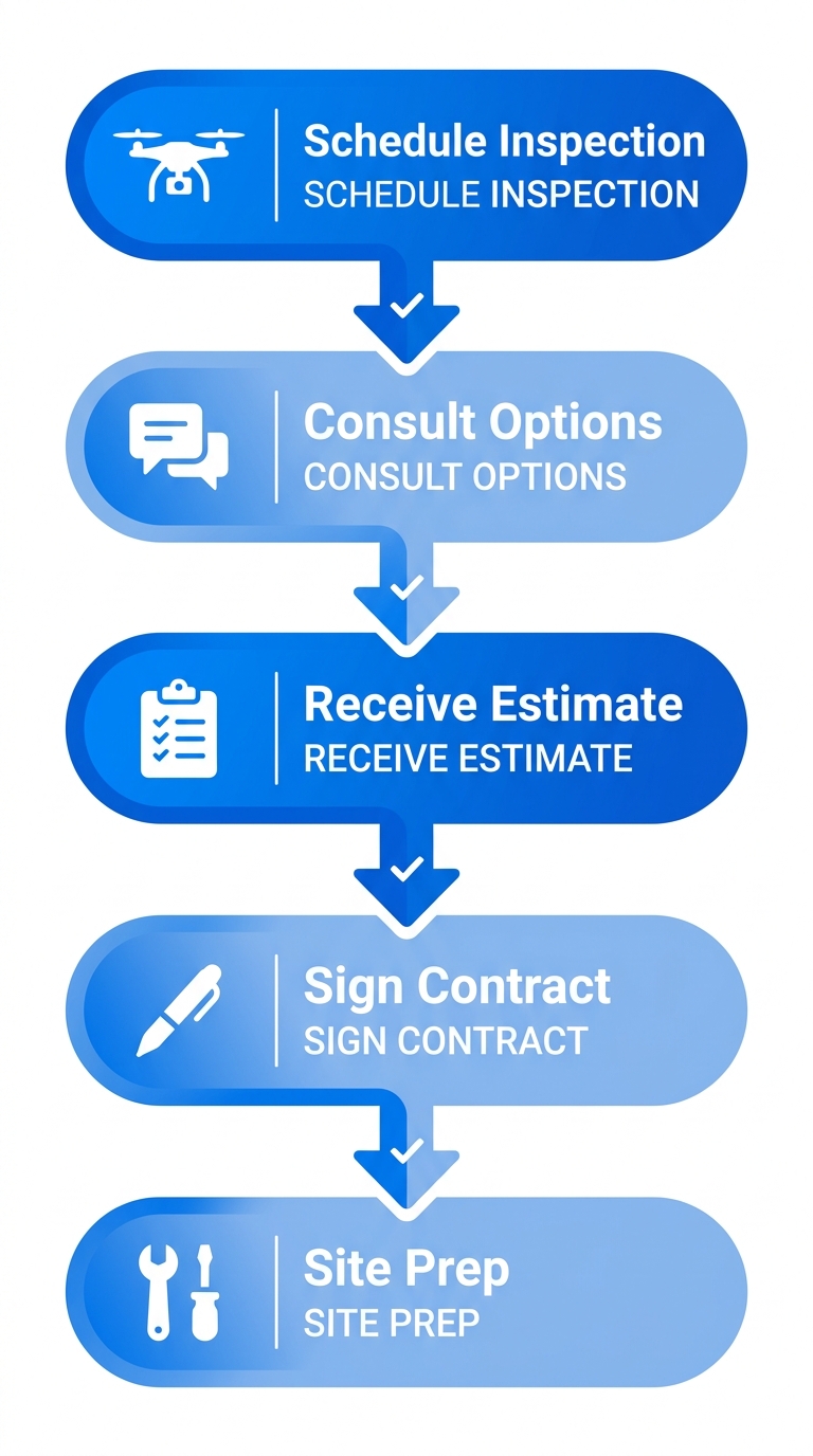 Vertical process flow diagram of 5 stages for starting a metal roof project: schedule free inspection, consult options, receive estimate, sign contract, site prep.