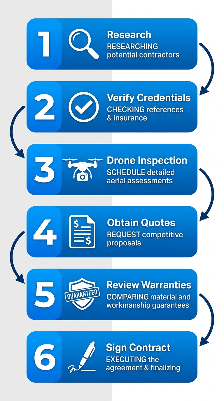 Vertical process flow diagram illustrating 6 steps to hire a commercial roofing contractor with icons and arrows
