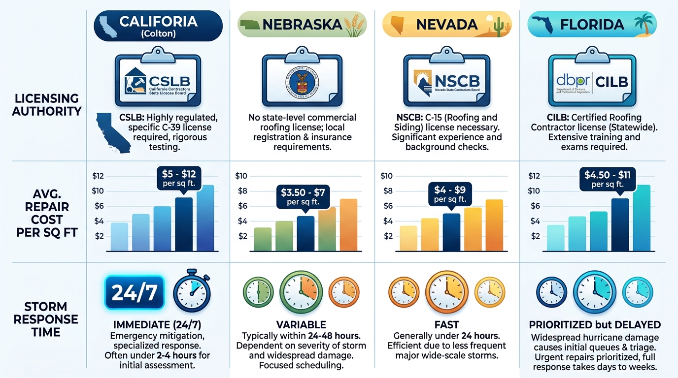 Infographic comparing roofing licensing authorities, average repair costs per square foot, and storm response times across California Colton, Nebraska, Nevada, and Florida regions