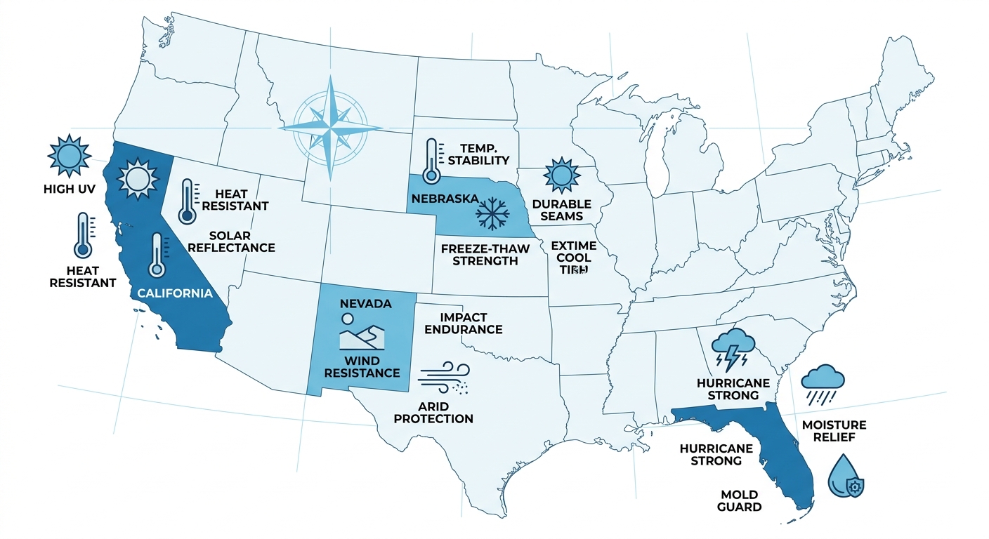 Infographic comparing TPO roofing suitability across California, Nebraska, Nevada, and Florida climates with icons and cool roof benefits