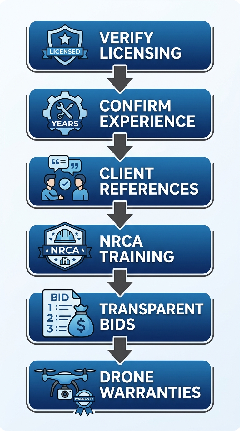 Vertical process flow diagram with six steps for selecting TPO roofing contractor: verify licensing, confirm experience, client references, NRCA training, transparent bids, drone warranties, featuring relevant icons and gradient blue design.