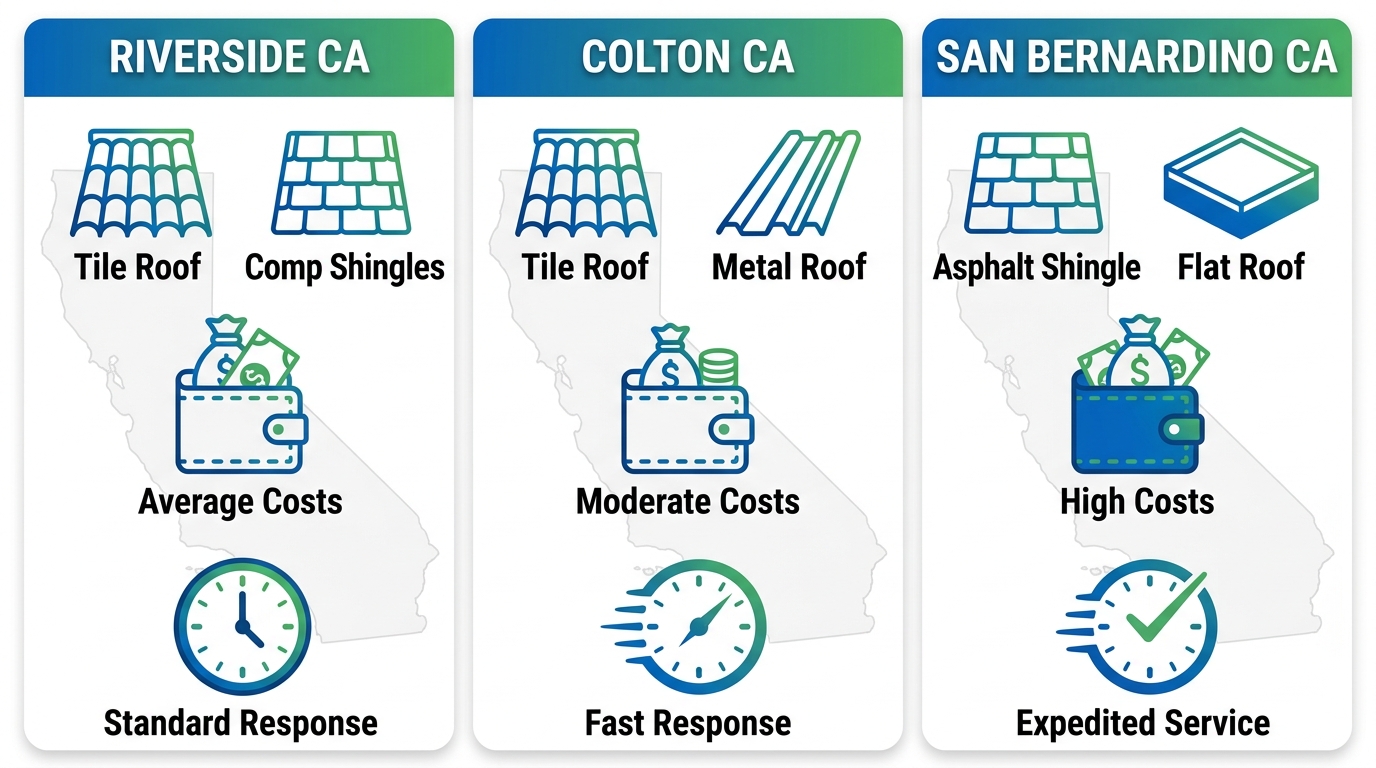 Infographic comparing roof types, repair costs, and emergency response times across Riverside, Colton, and San Bernardino CA areas