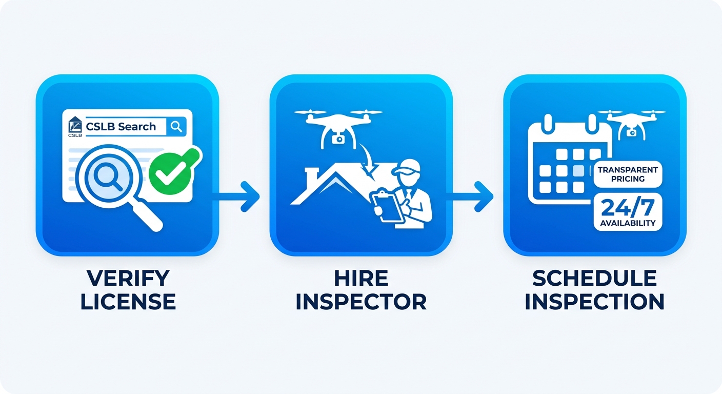 Process flow diagram with three stages: Verify License, Hire Inspector, Schedule Inspection for Riverside Roofers.