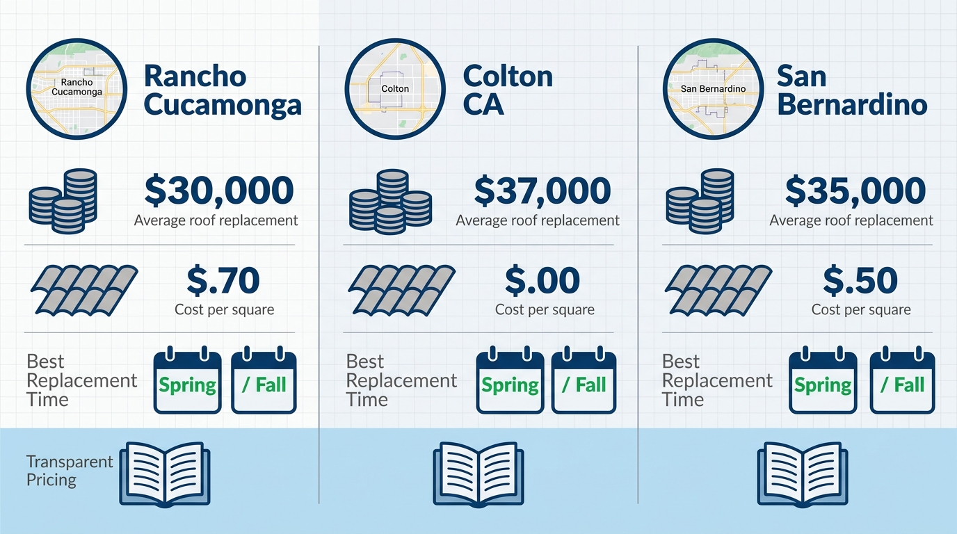 Infographic comparing roofing costs and timing in Rancho Cucamonga, Colton CA, and San Bernardino