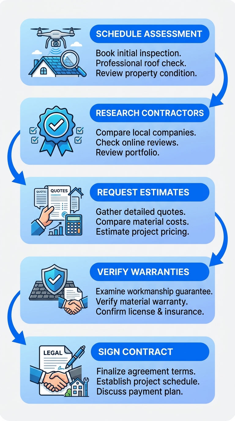 Vertical process flow diagram illustrating 5 steps to hire a roofer in Rancho Cucamonga: schedule assessment, research contractors, request estimates, verify warranties, sign contract.