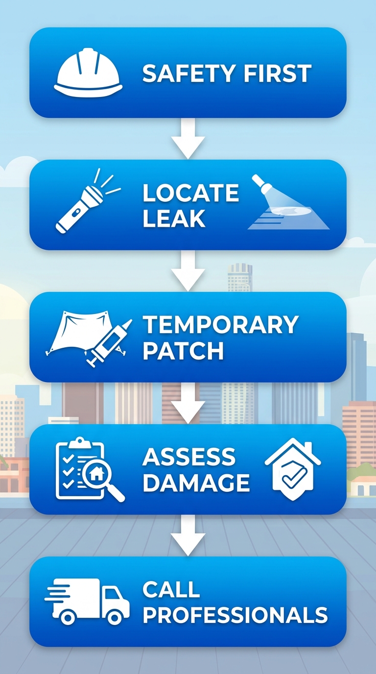 Vertical process flow diagram illustrating five steps to fix a roof leak: safety first with helmet, locate leak with flashlight, temporary patch with tarp, assess damage with checklist, call professionals with service truck.