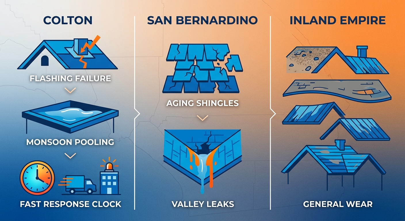 Infographic comparing roof leak challenges with icons for Colton, San Bernardino, and Inland Empire regions