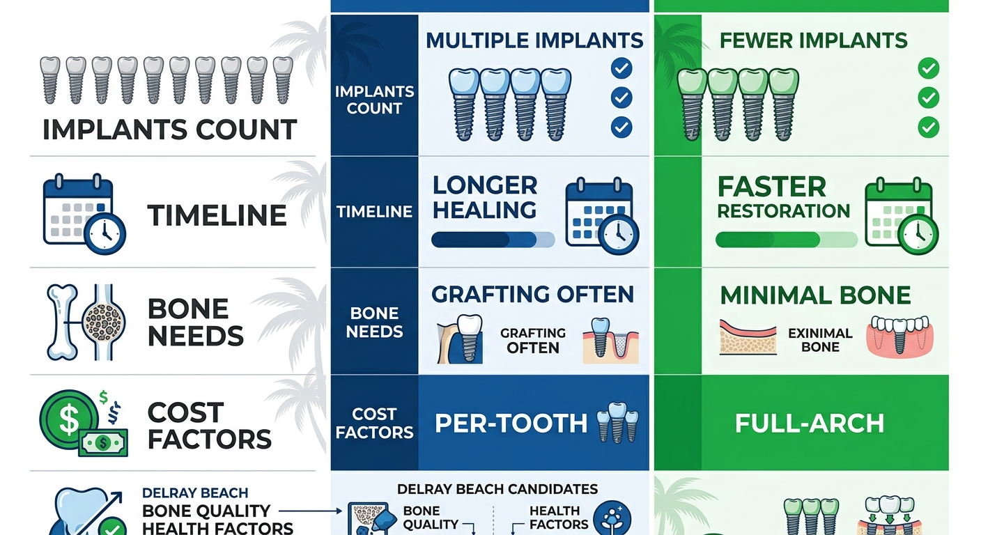 Infographic comparing Traditional dental implants and All-on-4 implants by count, timeline, bone needs, and costs for Delray Beach patients.