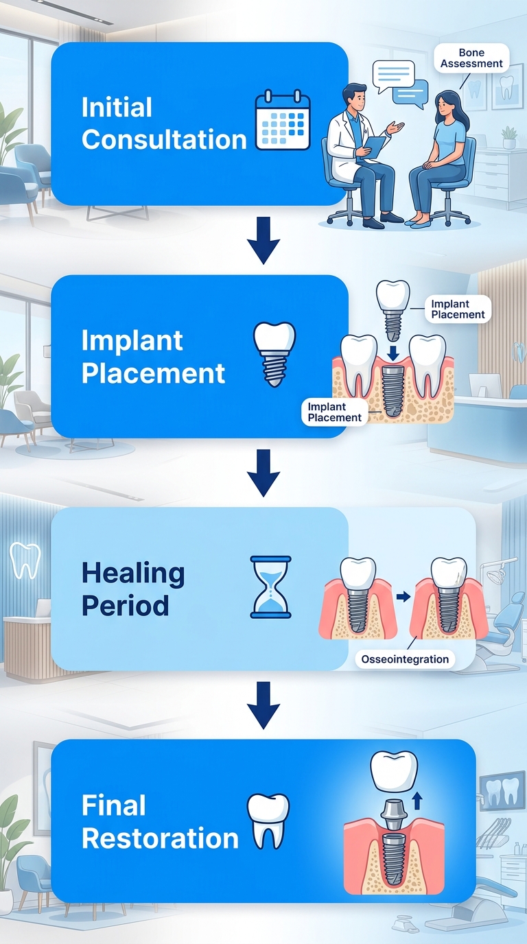 Vertical process flow diagram of four stages in dental implant treatment: consultation, surgery, healing, and restoration at Kamouni Dentistry in Delray Beach.